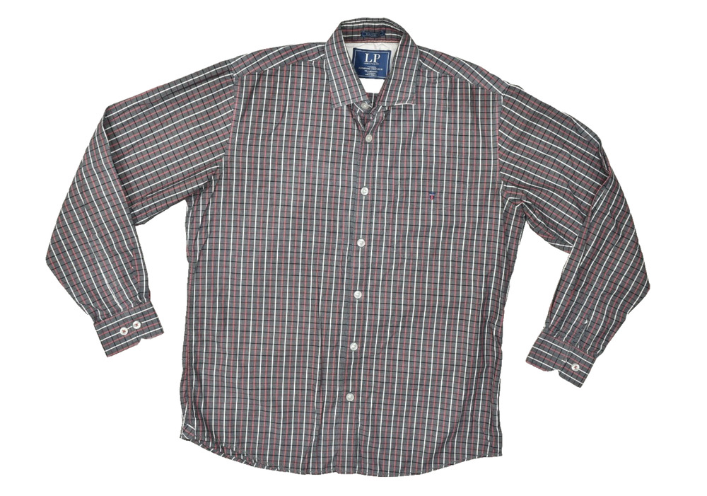 Louis Philippe Tailored Fit Shirt Size 40 Gray Red White Plaid Long Sleeve Butto